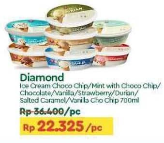 Promo Harga Diamond Ice Cream Chocolate With Chocolate Chip, Mint With Chocolate Chip, Vanila, Stroberi, Durian, Salted Caramel, Vanilla With Chocolate Chip, Cokelat 700 ml - TIP TOP