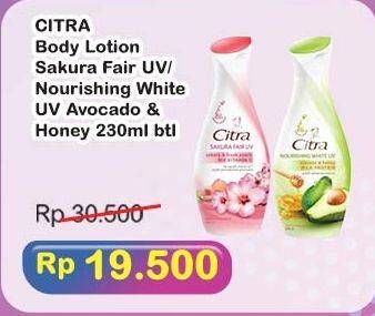 Promo Harga Citra Hand & Body Lotion Sakura Fair UV Sakura Peach, Nourishing White UV Avocado Honey 230 ml - Indomaret