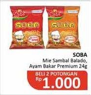 Promo Harga SOBA Snack Mie Sedap Sambal Balado, Ayam Bakar Premium per 2 pcs 24 gr - Alfamidi