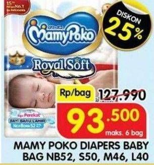 Promo Harga Mamy Poko Perekat Royal Soft L40, NB52, S50, M46 52 pcs - Indomaret