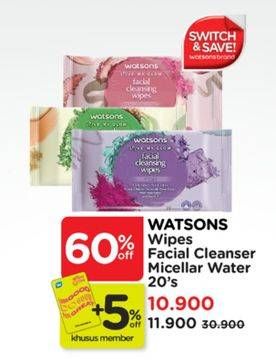 Promo Harga Watsons Facial Cleansing Wipes 20 pcs - Watsons