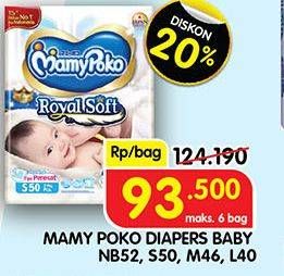 Promo Harga Mamy Poko Perekat Royal Soft NB52, L40, S50, M46 40 pcs - Superindo