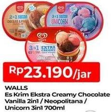 Promo Harga WALLS Ice Cream Chocolate Vanilla With Chocolate Chip, Neopolitana, Unicorn 3 In 1 700 ml - TIP TOP