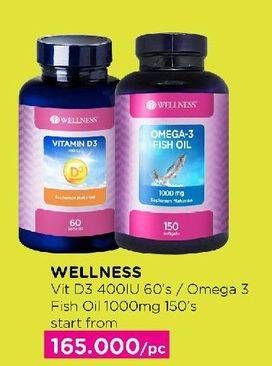 Promo Harga WELLNESS Vitamin D3 400IU 60s / Omega 3 Fish Oil 100mg 150s  - Watsons