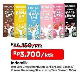 Promo Harga Indomilk Korean Series Jeju Chocolate, Busan Vanilla, Seoul Banana, Korean Strawberry, Korean Black Latte, Korean Pink Blossom 180 ml - TIP TOP
