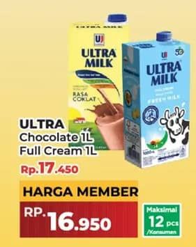 Promo Harga Ultra Milk Susu UHT Coklat, Full Cream 1000 ml - Yogya