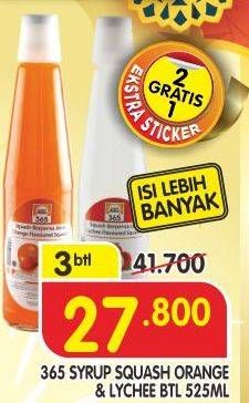 Promo Harga 365 Syrup Squash Orange, Lychee per 3 botol 525 ml - Superindo