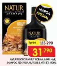 Promo Harga Natur Shampoo Aloe Vera Extract Hair Nutritive, Olive Oil Vitamin E, Ginseng Extract Anti Hair Fall 140 ml - Superindo