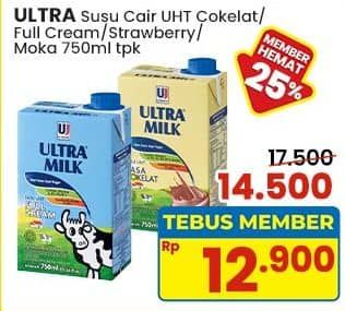 Promo Harga Ultra Milk Susu UHT Coklat, Full Cream, Moka, Stroberi 750 ml - Indomaret