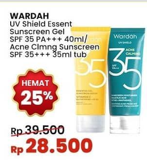 Promo Harga Wardah UV Shield Essential Sunscreen Gel SPF 35 PA+++, Acne Calming Sunscreen Serum SPF50 PA++++ 40 ml - Indomaret