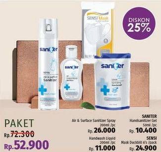 Promo Harga SANITER Air & Surface Sanitizer Spray 200ml + Hand Wash 200ml + Hand Sanitizer Gel 50ml + SENSI Masker Duckbill 6s  - LotteMart