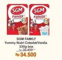 Promo Harga SGM Family Yummi Nutri Creamy Chocolate, Vanilla 330 gr - Indomaret