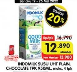 Promo Harga INDOMILK Susu UHT Full Cream Plain, Cokelat 950 ml - Superindo