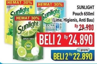 Promo Harga Sunlight Pencuci Piring Jeruk Nipis 100, Higienis Plus With Habbatussauda, Anti Bau With Daun Mint 650 ml - Hypermart