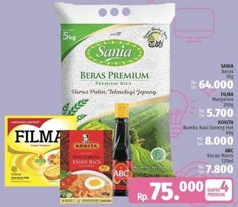 Promo Harga SANIA Beras 5kg + FILMA Margarin 200gr + KOKITA Bumbu Nasi Goreng Hot 60gr + ABC Kecap Manis 135ml  - LotteMart