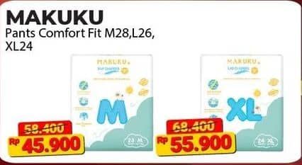 Promo Harga Makuku Comfort Fit Diapers Pants M28, L26 26 pcs - Alfamart