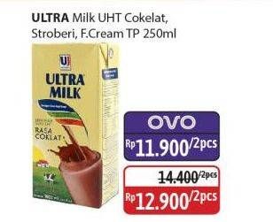 Promo Harga Ultra Milk Susu UHT Coklat, Stroberi, Full Cream 250 ml - Alfamidi