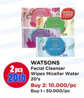 Promo Harga Watsons Facial Cleansing Wipes 3 in 1 Micellar Water 3-in-1 Micellar Water 20 sheet - Watsons