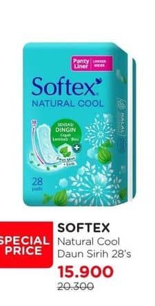 Promo Harga Softex Pantyliner Natural Cool+ Super Slim 15cm, Longer Wider 28 pcs - Watsons