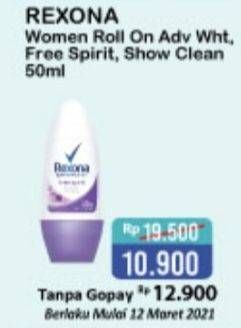 Promo Harga REXONA Deo Roll On Advance Whitening, Free Spirit, Shower Clean 50 ml - Alfamart