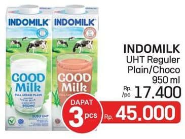 Promo Harga Indomilk Susu UHT Full Cream Plain, Cokelat 950 ml - LotteMart