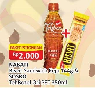 Promo Harga NABATI Bisvit Sandwich Keju 144g + SOSRO Teh Botol Original 350ml  - Alfamart