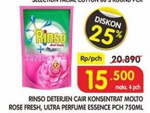 Promo Harga RINSO Anti Noda + Molto Liquid Detergent Rose Fresh, Ultra Essence 750 ml - Superindo