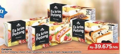 Promo Harga CAMPINA Es Krim Potong Choco Chips, Strawberry, Cookies Cream, Neapolitan 1000 ml - TIP TOP