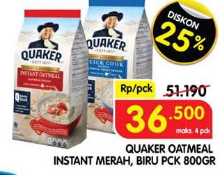 Promo Harga Quaker Oatmeal Instant, Quick Cooking 800 gr - Superindo
