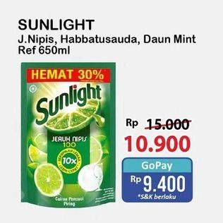 Promo Harga Sunlight Pencuci Piring Jeruk Nipis 100, Anti Bau With Daun Mint, Higienis Plus With Habbatussauda 650 ml - Alfamart