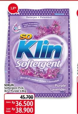 Promo Harga SO KLIN Softergent Blue Cloud Fresh Breeze, Purple Lavender 1800 gr - Alfamidi
