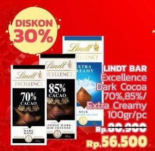 Promo Harga LINDT Coklat Excellence Dark Cocoa 70%, Dark Cocoa 85%, Extra Creamy 100 gr - LotteMart