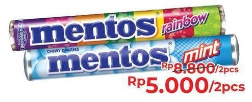 Promo Harga MENTOS Candy Mint, Rainbow, Fruit, Grape per 2 roll 37 gr - Alfamart