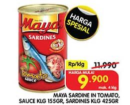 Promo Harga Maya Sardines Tomat / Tomato, Cabe / Chilli 155 gr - Superindo