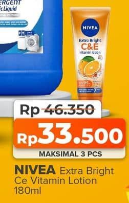 Nivea Extra Bright C&E Vitamin Body Lotion 180 ml Diskon 27%, Harga Promo Rp33.500, Harga Normal Rp46.350, Maks 3 Pcs, Tersedia di yogyaonline.co.id