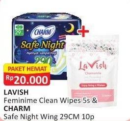 Promo Harga LAVISH Feminine Clean Wipes 5s + CHARM Night Wing 29 cm 10s  - Alfamart