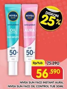 Promo Harga Nivea Sun Face Serum Protect & White SPF 50+ Oil Control, Instant Aura 30 ml - Superindo