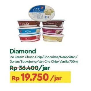 Promo Harga Diamond Ice Cream Chocolate With Chocolate Chip, Cokelat, Neapolitan, Durian, Stroberi, Vanilla With Chocolate Chip, Vanila 700 ml - TIP TOP