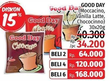 Promo Harga Good Day Instant Coffee 3 in 1 Mocacinno, Vanilla Late, Chococino per 30 sachet 20 gr - LotteMart