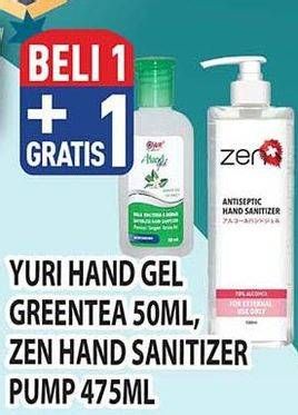 Promo Harga YURI Hand Gel Green Tea 50 mL, ZEN Hand Sanitizer 475 mL  - Hypermart