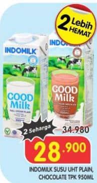 Promo Harga Indomilk Susu UHT Full Cream Plain, Cokelat 950 ml - Superindo