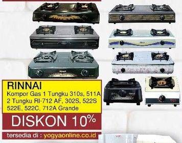 Promo Harga Rinnai Kompor 1 Tungku 310s/511A, 2 Tungku RI-712 AF/302S/522S/522E/522C/712A Grade  - Yogya