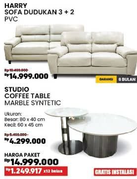 Promo Harga Courts Harry Sofa Dudukan 3 + 2 | PVC + Courts Studio Coffee Table Marble Syntetic   - COURTS