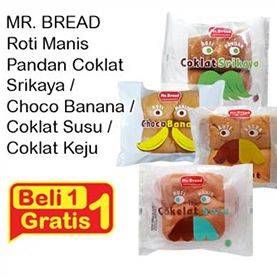 Promo Harga MR BREAD Roti Manis Kasur Pandan Coklat Srikaya, Choco Banana, Cokelat Susu, Cokelat Keju  - Indomaret