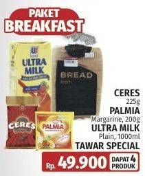 Promo Harga Ceres Hagelslag Rice Choco + Palmia Margarin Serbaguna + Ultra Milk Susu UHT + Roti Tawar   - LotteMart