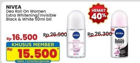 Promo Harga Nivea Deo Roll On Extra Whitening, Black White Invisible Clear 25 ml - Indomaret