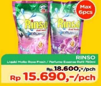 Promo Harga RINSO Anti Noda + Molto Liquid Detergent Rose Fresh, Perfume Essence 750 ml - TIP TOP