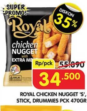 Promo Harga Belfoods Royal Nugget Chicken Nugget S, Chicken Nugget Stick, Chicken Nugget Drummies 500 gr - Superindo