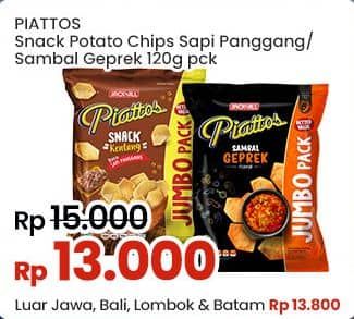 Piattos Snack Kentang 120 gr Diskon 13%, Harga Promo Rp13.000, Harga Normal Rp15.000, Luar Jawa, Bali, Lombok, Batam Rp. 13.800