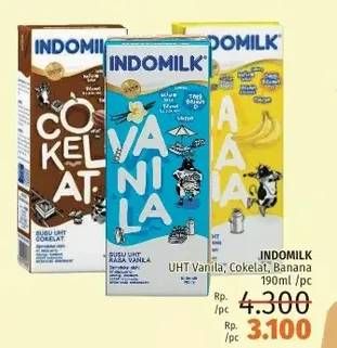 Promo Harga INDOMILK Susu UHT Cokelat, Pisang, Vanila 190 ml - LotteMart